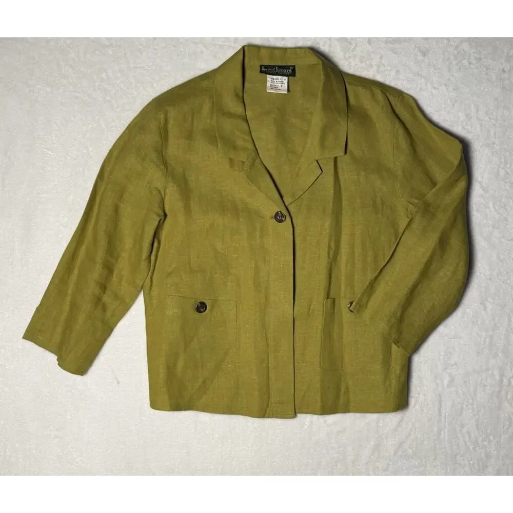 Harve Benard Womens 6 100% Linen Dress Jacket Set Chartreuse Green 2 Piece